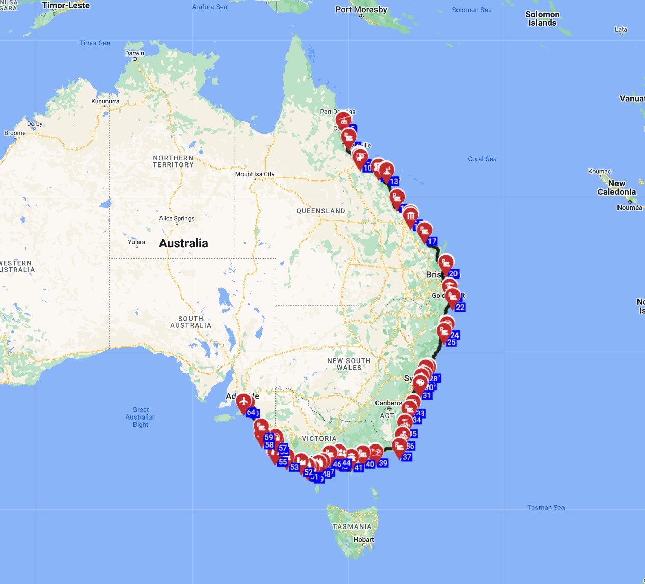 Map for Cairns to Adelaide - The Great Aussie Adventure